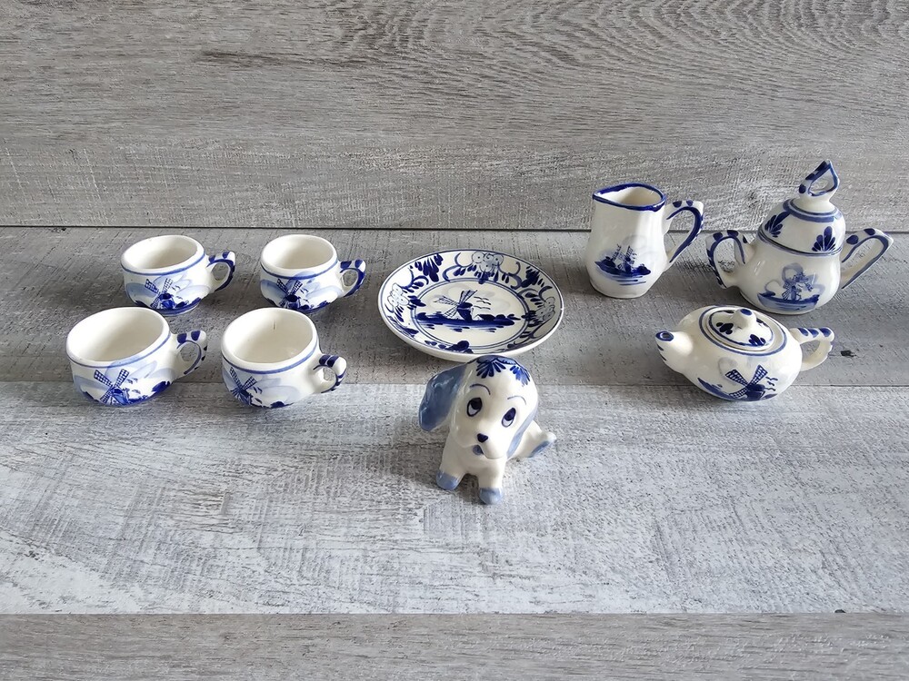 Miniature Delft Blue Hand Painted Tea Set Dog Figure Sugar Bowl & Lid Floral Vtg